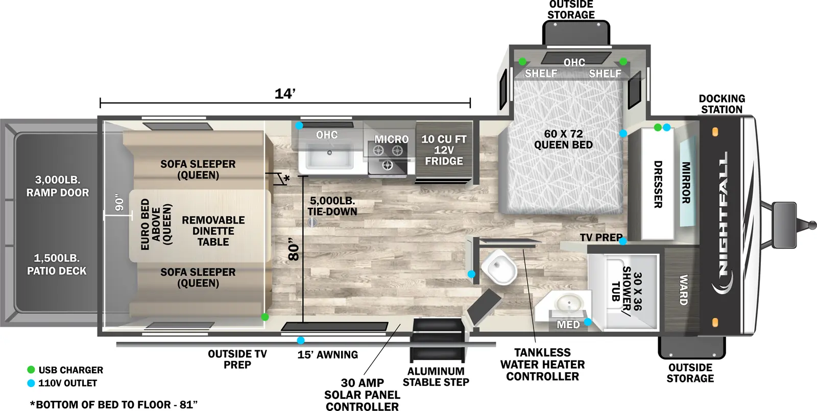 The Nightfall 21N floorplan is a toy hauler that has one entry and one slide out. Exterior features include: fiberglass exterior, 15' awning and  outside entertainment. Interiors features include: front bedroom.